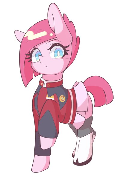 Size: 2894x4093 | Tagged: safe, artist:sc_kis_rko, derpibooru import, pinkie pie, earth pony, pony, clothes, gundam, image, jpeg, military uniform, simple background, solo, uniform, white background