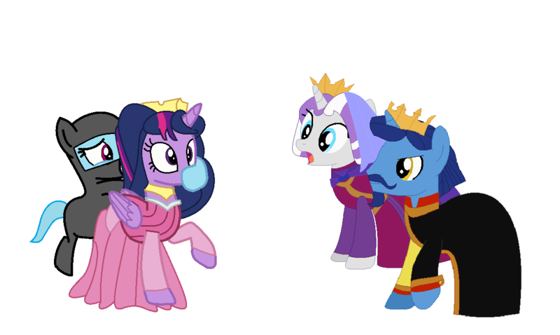 Size: 1204x720 | Tagged: safe, artist:brightstar40k, derpibooru import, twilight sparkle, twilight sparkle (alicorn), twilight velvet, alicorn, earth pony, pony, unicorn, grabbing, hoofgagged, horn, hostage, image, kidnapped, king and queen, nightlight, png, princess aurora, sleeping beauty