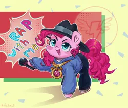 Size: 2100x1784 | Tagged: safe, artist:krista-21, derpibooru import, pinkie pie, earth pony, pony, g4, clock, clothes, hat, hoodie, hoof hold, image, jewelry, jpeg, looking at you, magnetic hooves, microphone, necklace, open mouth, open smile, rapper pie, signature, smiling, smiling at you, solo