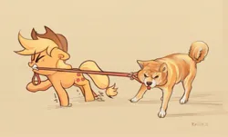Size: 2501x1512 | Tagged: safe, artist:krista-21, derpibooru import, applejack, dog, earth pony, pony, shiba inu, duo, eyes closed, female, furrowed brow, gritted teeth, image, jpeg, leash, mare, nose wrinkle, pulling, signature, simple background, teeth, yellow background