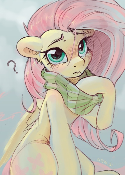 Size: 1500x2100 | Tagged: safe, artist:krista-21, derpibooru import, fluttershy, pegasus, pony, g4, blushing, clothes, female, frown, image, jpeg, looking at you, mare, question mark, scarf, sitting, solo, striped scarf, wavy mouth