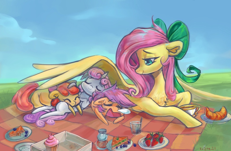 Size: 2560x1678 | Tagged: safe, artist:krista-21, derpibooru import, apple bloom, fluttershy, scootaloo, sweetie belle, earth pony, pegasus, pony, unicorn, g4, adorabloom, blank flank, bow, bread, chest fluff, croissant, cuddling, cup, cupcake, cute, cutealoo, cutie mark crusaders, diasweetes, eyes closed, food, hair bow, horn, image, jpeg, lidded eyes, lying down, on back, picnic, picnic blanket, prone, ribbon, sandwich, shyabetes, signature, sleeping, smiling, snot bubble, strawberry, tea, teacup, wing shelter, wings