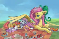 Size: 2560x1678 | Tagged: safe, artist:krista-21, derpibooru import, apple bloom, fluttershy, scootaloo, sweetie belle, earth pony, pegasus, pony, unicorn, g4, adorabloom, blank flank, bow, bread, chest fluff, croissant, cuddling, cup, cupcake, cute, cutealoo, cutie mark crusaders, diasweetes, eyes closed, food, hair bow, horn, image, jpeg, lidded eyes, lying down, on back, picnic, picnic blanket, prone, ribbon, sandwich, shyabetes, signature, sleeping, smiling, snot bubble, strawberry, tea, teacup, wing shelter, wings