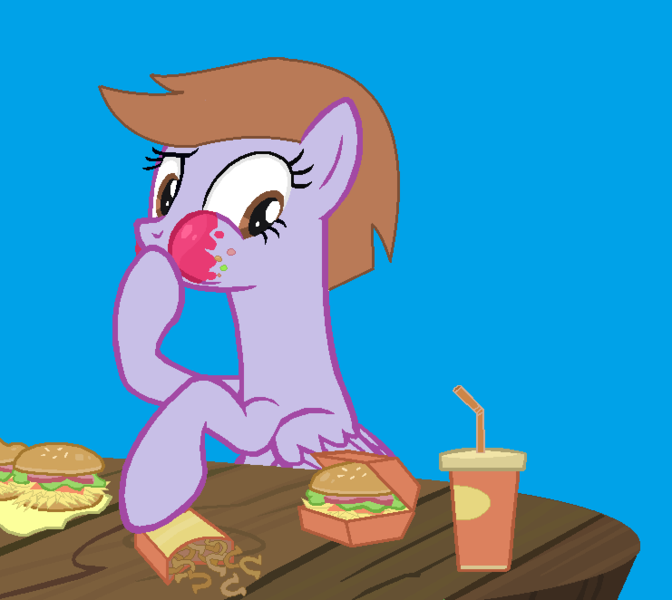 Size: 741x662 | Tagged: safe, artist:brightstar40k, derpibooru import, oc, oc:star glider, unofficial characters only, pegasus, pony, blue background, burger, drink, eating, food, hay burger, image, ketchup, onion horseshoes, png, sauce, simple background, solo