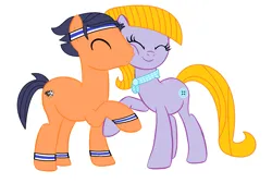 Size: 1865x1253 | Tagged: safe, artist:brightstar40k, derpibooru import, oc, oc:blitz ace, oc:violet star, unofficial characters only, earth pony, pony, clothes, couple, duo, duo male and female, female, image, kiss on the cheek, kissing, love, male, png, romance, romantic, scarf, simple background, sweatband, white background