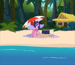 Size: 12611x10949 | Tagged: safe, artist:brightstar40k, derpibooru import, twilight sparkle, twilight sparkle (alicorn), alicorn, pony, beach, beach towel, forest, image, jungle, nature, ocean, palm tree, png, princess aurora, sleeping beauty, solo, towel, tree, vacation, water