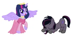 Size: 3877x2025 | Tagged: safe, artist:brightstar40k, derpibooru import, twilight sparkle, twilight sparkle (alicorn), oc, oc:crystal sparkle, alicorn, pony, unicorn, bowing, duo, duo female, female, horn, image, mother and child, mother and daughter, png, princess aurora, simple background, sleeping beauty, white background
