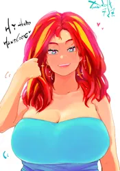 Size: 1400x2000 | Tagged: safe, artist:sozglitch, derpibooru import, sunset shimmer, human, g4, bare shoulder portrait, bare shoulders, big breasts, blush lines, blushing, breasts, bust, busty sunset shimmer, cleavage, ear piercing, earring, heart, hooped earrings, huge breasts, humanized, image, jewelry, jpeg, lidded eyes, looking at you, piercing, playing with hair, portrait, simple background, smiling, smiling at you, solo, sparkles, talking to viewer, white background