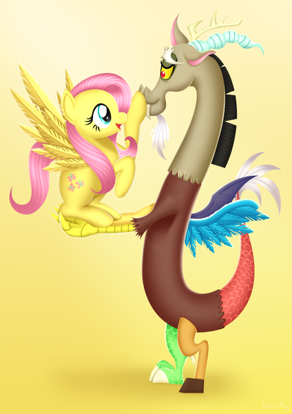 Size: 2480x3508 | Tagged: safe, artist:leonkay, derpibooru import, discord, fluttershy, draconequus, pony, boop, cute, daaaaaaaaaaaw, image, png, shyabetes, weapons-grade cute