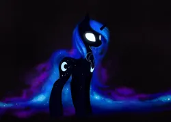 Size: 1600x1147 | Tagged: safe, artist:magnaluna, derpibooru import, princess luna, alicorn, pony, g4, ethereal mane, ethereal tail, female, folded wings, glow, glowing eyes, horn, image, jpeg, mare, solo, tail, wings