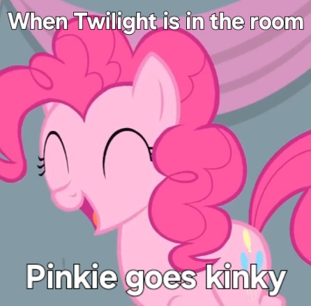 Size: 446x440 | Tagged: safe, artist:trrrebleee, derpibooru import, edit, edited screencap, screencap, pinkie pie, earth pony, pony, equestria games (episode), g4, caption, cropped, image, implied twilight sparkle, jpeg, kinkie pie, meme, text