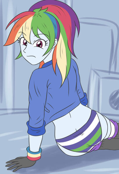 Size: 1876x2750 | Tagged: safe, artist:sumin6301, derpibooru import, rainbow dash, human, equestria girls, g4, alternate hairstyle, ass, butt, clothes, eyebrows, eyebrows visible through hair, female, frown, gloves, high res, image, jacket, jpeg, looking at you, looking back, looking back at you, panties, ponytail, rainbutt dash, sitting, solo, striped underwear, underwear