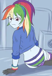 Size: 1876x2750 | Tagged: safe, artist:sumin6301, derpibooru import, rainbow dash, human, equestria girls, g4, alternate hairstyle, ass, butt, clothes, eyebrows, eyebrows visible through hair, female, frown, gloves, high res, image, jacket, jpeg, looking at you, looking back, looking back at you, panties, ponytail, rainbutt dash, sitting, solo, striped underwear, underwear
