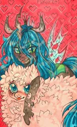 Size: 1086x1780 | Tagged: safe, artist:fukuroti, derpibooru import, queen chrysalis, oc, oc:fluffle puff, changeling, changeling queen, pony, :p, duo, female, heart, image, jpeg, looking at you, on top, tongue out, traditional art