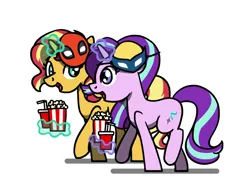 Size: 1800x1350 | Tagged: safe, artist:flutterluv, derpibooru import, starlight glimmer, sunset shimmer, pony, unicorn, g4, cup, deadpool, deadpool and wolverine, duo, food, horn, image, jpeg, magic, marvel, mask, popcorn, simple background, smiling, telekinesis, walking, white background, wolverine