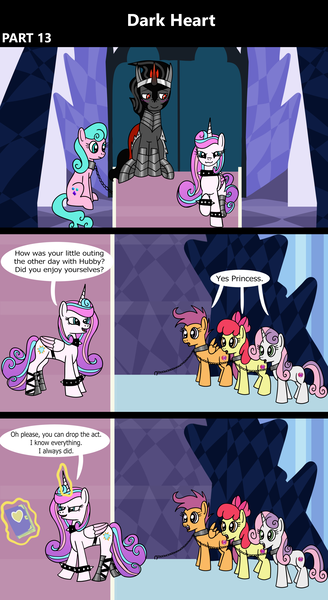 Size: 1920x3516 | Tagged: safe, artist:platinumdrop, derpibooru import, apple bloom, aquamarine, king sombra, princess flurry heart, scootaloo, sweetie belle, alicorn, earth pony, pegasus, pony, unicorn, comic:dark heart, g4, 3 panel comic, abuse, alternate timeline, applebuse, armor, blushing, book, bracelet, chains, collar, comic, commission, crystal, crystal castle, crystal empire, curved horn, cutie mark crusaders, dark crystal, dialogue, diary, evil flurry heart, female, flurry heart is amused, flurrybra, folded wings, glow, glowing horn, horn, husband and wife, image, indoors, looking at each other, looking at someone, magic, magic aura, male, mare, older, older apple bloom, older aquamarine, older cmc, older flurry heart, older scootaloo, older sweetie belle, png, scootabuse, shipping, sitting, slave, slave collar, smiling, smug, smug smile, speech bubble, spiked collar, spiked wristband, stallion, straight, sweetiebuse, telekinesis, throne, throne room, victorious villain, walking, wall of tags, wings, wristband