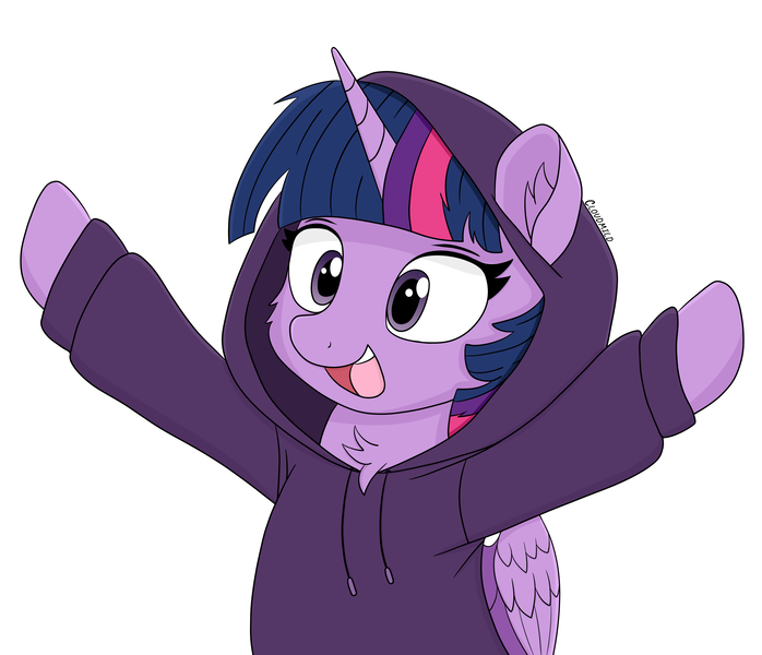 Size: 5000x4300 | Tagged: safe, artist:cloudmild, derpibooru import, twilight sparkle, twilight sparkle (alicorn), alicorn, pony, g4, bust, chest fluff, clothes, cute, female, hoodie, horn, image, mare, open mouth, open smile, png, raised arms, simple background, smiling, solo, twiabetes, white background, wings