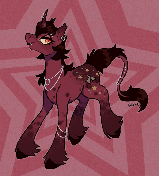 Size: 1100x1219 | Tagged: safe, artist:beyhr, derpibooru import, oc, oc:ebony star, unofficial characters only, pony, unicorn, artfight, bracelet, brown hooves, coat markings, colored ear tufts, colored hooves, curved horn, ear piercing, ear tufts, earring, eyebrow piercing, eyelashes, eyeshadow, female, female oc, fringe, gift art, hooves, horn, horn markings, image, jewelry, leg markings, leonine tail, lip piercing, lipstick, looking back, makeup, mare, mare oc, necklace, orange eyes, outline, piercing, png, profile, red coat, red eyeshadow, red lipstick, red mane, red tail, shiny mane, shiny tail, signature, silver jewelry, slit pupils, smiling, socks (coat marking), solo, spots, spotted, star background, tail, tail fluff, tail jewelry, tail piercing, text, two toned background, unicorn oc, unshorn fetlocks, wall of tags