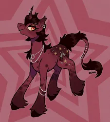 Size: 1100x1219 | Tagged: safe, artist:beyhr, derpibooru import, oc, oc:ebony star, unofficial characters only, pony, unicorn, artfight, bracelet, brown hooves, coat markings, colored ear tufts, colored hooves, curved horn, ear piercing, ear tufts, earring, eyebrow piercing, eyelashes, eyeshadow, female, female oc, fringe, gift art, hooves, horn, horn markings, image, jewelry, leg markings, leonine tail, lip piercing, lipstick, looking back, makeup, mare, mare oc, necklace, orange eyes, outline, piercing, png, profile, red coat, red eyeshadow, red lipstick, red mane, red tail, shiny mane, shiny tail, signature, silver jewelry, slit pupils, smiling, socks (coat marking), solo, spots, spotted, star background, tail, tail fluff, tail jewelry, tail piercing, text, two toned background, unicorn oc, unshorn fetlocks, wall of tags