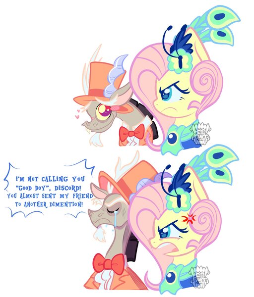 Size: 2021x2369 | Tagged: safe, artist:acid-fangs, derpibooru import, discord, fluttershy, draconequus, pegasus, pony, g4, make new friends but keep discord, 2 panel comic, black hair, blue eyelashes, blue pupils, blue text, bowtie, clothes, colored eyebrows, colored eyelashes, colored pinnae, colored pupils, colored sclera, comic, cross-popping veins, crying, dialogue, discoshy, dress, duo, duo male and female, emanata, eyes closed, fascinator, female, floating heart, frown, gala, gala dress, gala outfit, hat, heart, heart eyes, high res, horns, i'm not calling you good boy, image, implied tree hugger, jpeg, long ears, looking at someone, male, mare, meme, mismatched horns, open frown, open mouth, peacock feathers, pink mane, profile, scarf, shipping, simple background, smiling at someone, speech bubble, straight, suit, teal eyes, teeth, text, top hat, two toned eyes, watermark, white background, wingding eyes, yelling, yellow coat, yellow sclera