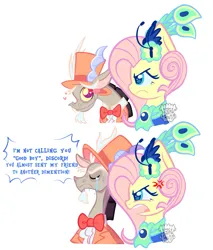 Size: 2021x2369 | Tagged: safe, artist:acid-fangs, derpibooru import, discord, fluttershy, draconequus, pegasus, pony, g4, make new friends but keep discord, 2 panel comic, black hair, blue eyelashes, blue pupils, blue text, bowtie, clothes, colored eyebrows, colored eyelashes, colored pinnae, colored pupils, colored sclera, comic, cross-popping veins, crying, dialogue, discoshy, dress, duo, duo male and female, emanata, eyes closed, fascinator, female, floating heart, frown, gala, gala dress, gala outfit, hat, heart, heart eyes, high res, horns, i'm not calling you good boy, image, implied tree hugger, jpeg, long ears, looking at someone, male, mare, meme, mismatched horns, open frown, open mouth, peacock feathers, pink mane, profile, scarf, shipping, simple background, smiling at someone, speech bubble, straight, suit, teal eyes, teeth, text, top hat, two toned eyes, watermark, white background, wingding eyes, yelling, yellow coat, yellow sclera