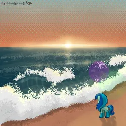 Size: 1270x1270 | Tagged: safe, artist:dangerous fish, derpibooru import, oc, oc:wave chaise, unofficial characters only, pony, pony town, artfight, atmosphere, base, beach, blue mane, digital art, female, female focus, image, mare, ocean, pixel art, png, sand, shadow, solo, solo female, solo focus, summer, sun, sunset, water, wave