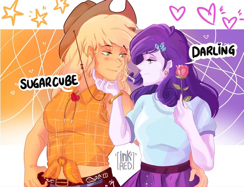 Size: 2048x1570 | Tagged: safe, artist:inkrred, derpibooru import, applejack, rarity, equestria girls, g4, darling, female, flower, food, image, jpeg, lesbian, rarijack, rose, shipping, sugarcube, wheat