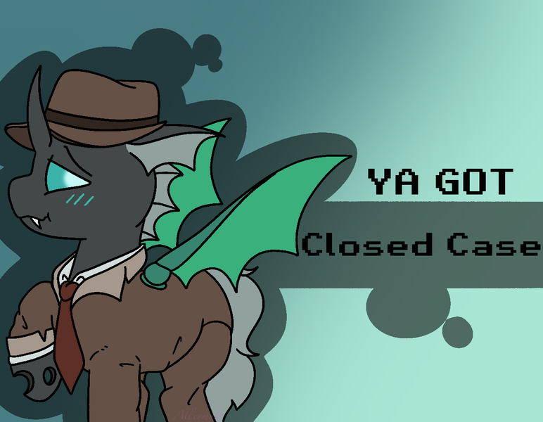 Size: 1348x1048 | Tagged: suggestive, artist:bluemoon, derpibooru import, oc, oc:closed case, unofficial characters only, changeling, pony, banned from equestria daily, blushing, changeling oc, clothes, commission, fanart, gradient background, hat, image, male, necktie, png, solo, stallion, suit, ya got, ych result, your character here