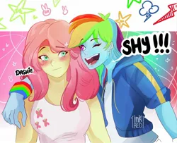 Size: 2048x1667 | Tagged: safe, artist:inkrred, derpibooru import, fluttershy, rainbow dash, equestria girls, g4, arm on shoulder, blushing, female, flutterdash, image, jpeg, lesbian, shipping, yelling