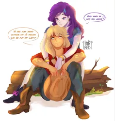 Size: 1940x2048 | Tagged: safe, artist:inkrred, derpibooru import, applejack, rarity, equestria girls, g4, female, hug, hug from behind, image, jpeg, lesbian, log, nickname, rarijack, shipping, simple background, sitting, white background