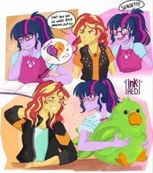 Size: 1822x2048 | Tagged: safe, artist:inkrred, derpibooru import, sci-twi, sunset shimmer, twilight sparkle, bird, human, parakeet, equestria girls, g4, blushing, collage, doodle, embarrassed, female, heart, image, implied kissing, it's not about the parakeet, jpeg, lesbian, notebook, plushie, ship:sci-twishimmer, shipping, speech bubble, spoken heart, sunsetsparkle, text