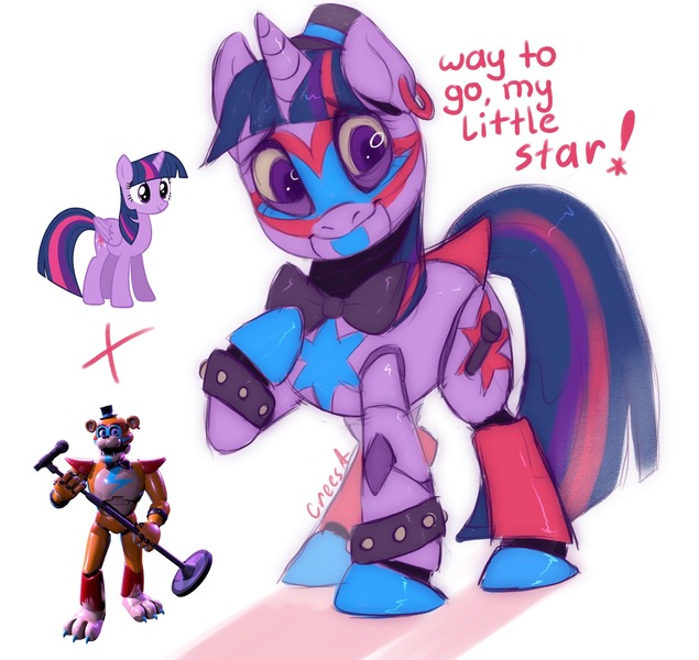 Size: 2048x1936 | Tagged: safe, artist:crees-a, derpibooru import, twilight sparkle, twilight sparkle (alicorn), ponified, alicorn, pony, robot, robot pony, unicorn, g4, animatronic, bow, bowtie, crossover, ear piercing, earring, female, five nights at freddy's, five nights at freddy's: security breach, freddy fazbear, fusion, glam rock, glamrock freddy, hat, horn, image, jewelry, jpeg, looking at you, male, mare, microphone, piercing, pose, purple coat, purple mane, roboticization, rockstar, signature, simple background, smiling, solo, speech bubble, stallion, tail, tail bow, title card, two toned mane, two toned tail, unshorn fetlocks, video game crossover, white background