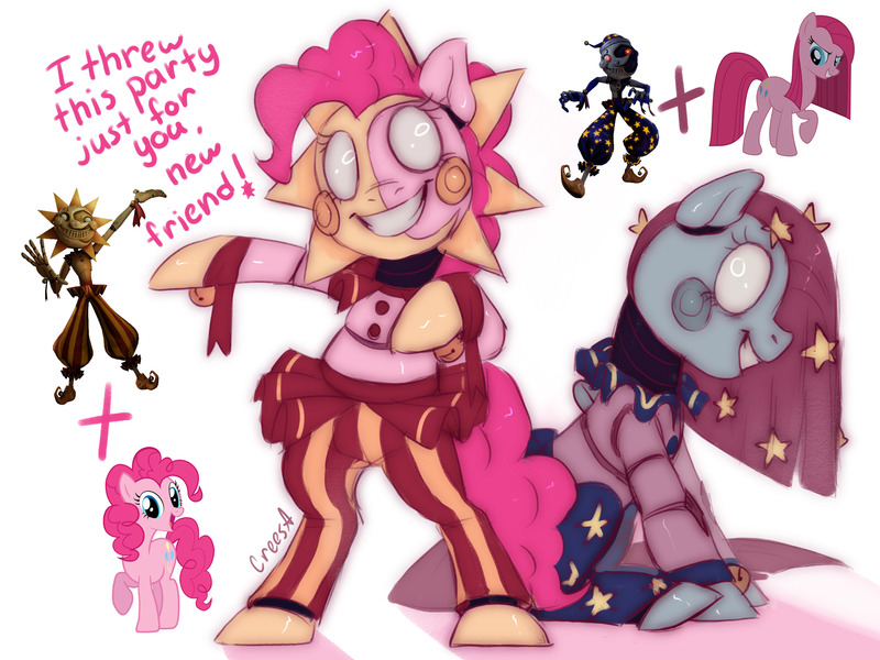 Size: 2048x1535 | Tagged: safe, artist:crees-a, derpibooru import, pinkie pie, ponified, pony, robot, robot pony, g4, animatronic, bow, choker, creepy, creepy smile, crossover, daycare, ear piercing, five nights at freddy's, five nights at freddy's: security breach, fusion, image, jpeg, looking at you, moon, moondrop, piercing, pinkamena diane pie, pose, roboticization, signature, simple background, smiling, smiling at you, speech bubble, sun, sunrise, tail, tail bow, title card, unshorn fetlocks, video game crossover, white background