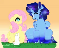 Size: 1600x1300 | Tagged: safe, derpibooru import, angel bunny, fluttershy, oc, oc:blue thunder, alicorn, pegasus, dawn, image, jpeg, smiling