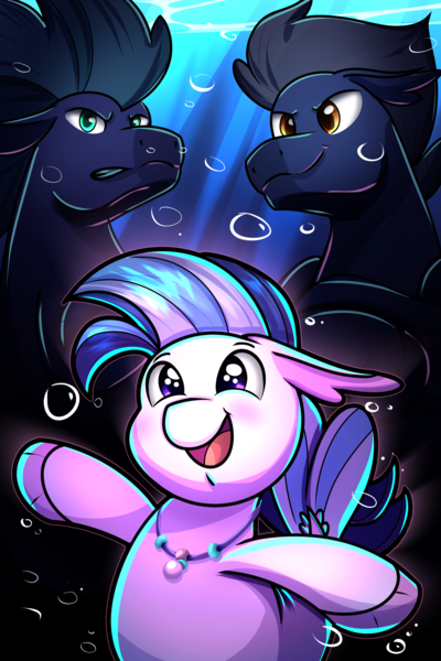 Size: 2000x3000 | Tagged: safe, artist:littletigressda, derpibooru import, silverstream, seapony (g4), g4, blue mane, blue tail, blushing, bubble, cover art, crepuscular rays, digital art, female, fin wings, fins, fish tail, floppy ears, flowing mane, flowing tail, glow, high res, image, jewelry, lidded eyes, looking at each other, looking at someone, male, necklace, ocean, open mouth, open smile, png, royal guard, scales, seapony silverstream, smiling, smiling at each other, sunlight, swimming, tail, trio, underwater, water, wings