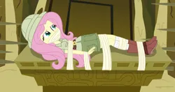 Size: 2928x1550 | Tagged: safe, alternate version, artist:nie-martw-sie-o-mnie, derpibooru import, part of a set, fluttershy, human, equestria girls, g4, read it and weep, alternate character, bondage, boots, clothes, explorer outfit, female, gag, hat, image, peril, pith helmet, png, shoes, shorts, socks, solo, tape, tape bondage, tape gag