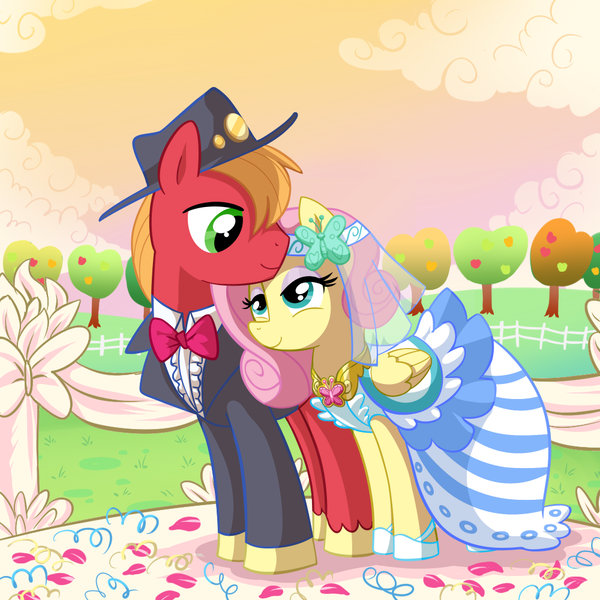 Size: 1000x1000 | Tagged: safe, artist:madmax, derpibooru import, edit, big macintosh, fluttershy, earth pony, pegasus, pony, g4, alternate hairstyle, bowtie, clothes, dress, duo, duo male and female, element of kindness, eyeshadow, female, fluttermac, image, lidded eyes, looking at each other, looking at someone, makeup, male, marriage, nuzzling, outdoors, png, shipping, smiling, smiling at each other, stallion, straight, tuxedo, veil, wedding, wedding dress, wedding veil