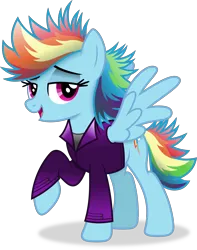 Size: 3186x4035 | Tagged: safe, artist:anime-equestria, derpibooru import, rainbow dash, pegasus, pony, g4, alternate hairstyle, clothes, female, image, jacket, lidded eyes, looking at you, mare, open mouth, open smile, png, raised hoof, simple background, smiling, solo, spread wings, transparent background, vector, wings