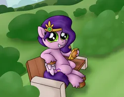 Size: 4661x3656 | Tagged: safe, artist:background basset, derpibooru import, pipp petals, pegasus, pony, g5, bench, holding, image, looking at you, mobile phone, phone, png, sitting, smiling, smiling at you, solo, unshorn fetlocks