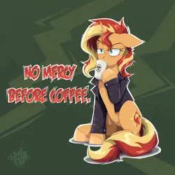 Size: 2000x2000 | Tagged: safe, artist:willoillo, derpibooru import, sunset shimmer, pony, unicorn, g4, art, clothes, coffee, horn, illustration, image, jacket, leather, leather jacket, meme, png, solo