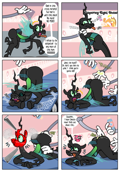 Size: 3500x5000 | Tagged: suggestive, artist:katzyla, derpibooru import, aloe, applejack, lotus blossom, queen chrysalis, changeling, changeling queen, comic:a changeling queen in a nursery machine, g4, anal insertion, baby oil, baby powder, bald, blush lines, blushing, bonnet, bugbutt, butt, cartoon physics, comic, conveyor belt, diaper, female, floating heart, forced, heart, high res, image, insertion, large butt, legs in air, lying down, machine, mechanical hands, onomatopoeia, open mouth, png, prone, red face, restrained, robotic arm, smiling, solo focus, speech bubble, suffocating, tongue out