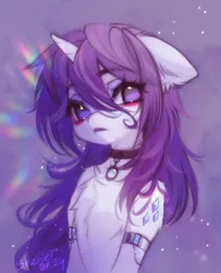 Size: 875x1080 | Tagged: safe, artist:shenki, derpibooru import, rarity, pony, unicorn, g4, abstract background, alternate hairstyle, alternative cutie mark placement, arm band, arm bands, chest fluff, collar, draw this in your style, ear fluff, eyeshadow, female, floppy ears, fluffy, hair over face, half body, horn, image, jpeg, looking at you, makeup, mare, messy mane, no pupils, shoulder cutie mark, shoulder fluff, solo