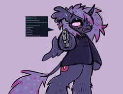 Size: 2048x1565 | Tagged: safe, artist:larvaecandy, derpibooru import, oc, oc:top five videos, unofficial characters only, alicorn, pony, semi-anthro, alicorn oc, clothes, colored sclera, colored sketch, curved horn, dialogue, ear fluff, ear piercing, earring, eyelashes, eyeshadow, facial hair, fangs, fluffy mane, gun, hoof hold, horn, image, jewelry, jpeg, leg fluff, leonine tail, lidded eyes, looking at you, lyrics, makeup, no pupils, open mouth, open smile, piercing, pointing gun, purple coat, purple eyes, purple eyeshadow, purple mane, purple sclera, purple tail, singing, sketch, smiling, smiling at you, solo, sparkly mane, sparkly tail, speech bubble, spread wings, standing, sweater, tail, talking, text, two toned mane, two toned tail, unicorn horn, vulgar, vylet pony, weapon, wingding eyes, wings