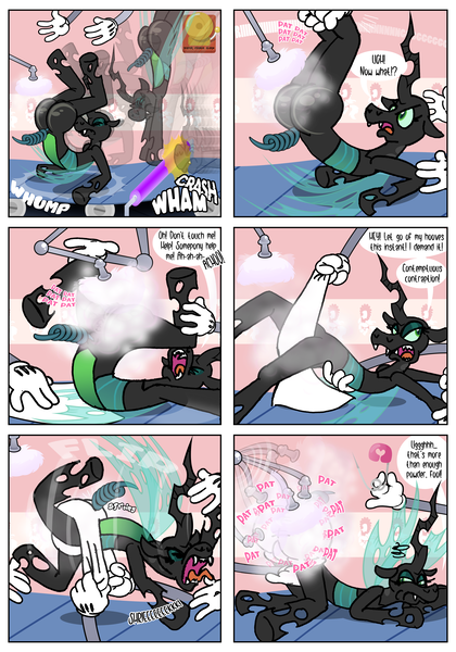 Size: 3500x5000 | Tagged: suggestive, artist:katzyla, derpibooru import, queen chrysalis, changeling, changeling queen, comic:a changeling queen in a nursery machine, g4, alarm clock, baby powder, bald, bonnet, bugbutt, butt, cartoon physics, clock, comic, conveyor belt, diaper, diaper fetish, diapering, fangs, female, fetish, forced, image, large butt, legs in air, lying down, machine, mechanical hands, non-baby in diaper, on back, onomatopoeia, open mouth, png, prone, red face, restrained, robotic arm, smiling, solo focus, speech bubble, suffocating, tongue out