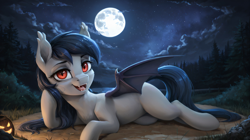 Size: 2560x1440 | Tagged: safe, ai content, derpibooru import, machine learning assisted, prompter:dovakkins, oc, unofficial characters only, bat pony, pony, bat wings, bedroom eyes, blank flank, cloud, cute, draw me like one of your french girls, fangs, female, forest, full moon, halloween, head on hoof, holiday, image, jack-o-lantern, jpeg, looking at you, mare, moon, nature, night, pumpkin, red eyes, seductive, seductive look, slit pupils, smiling, smiling at you, solo, sultry pose, tree, watermark, wings