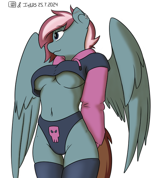 Size: 1750x2000 | Tagged: suggestive, artist:in3ds2, derpibooru import, oc, oc:cascade script, unofficial characters only, anthro, hippogriff, breasts, clothes, female, image, paggi outfit, png, socks, solo, solo female, thigh highs, underboob, wings