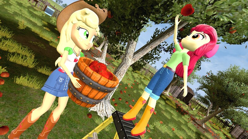 Size: 1920x1080 | Tagged: safe, artist:oatmeal!, derpibooru import, apple bloom, applejack, human, equestria girls, g4, 3d, apple, apple tree, basket, duo, duo female, farm, female, food, gmod, image, jpeg, looking up, orchard, siblings, sisters, standing, tiptoe, tree