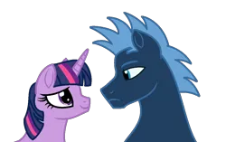 Size: 1082x678 | Tagged: safe, artist:lilaclavender27, artist:moonlightthegriffon, derpibooru import, star hunter, twilight sparkle, alicorn, pegasus, pony, background pony, base used, female, frown, image, looking at each other, looking at someone, male, mare, png, shipping, simple background, smiling, sparklehunter, stallion, transparent background