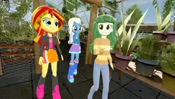 Size: 1920x1080 | Tagged: safe, artist:oatmeal!, derpibooru import, sunset shimmer, trixie, wallflower blush, human, equestria girls, g4, 3d, boots, clothes, female, flower pot, garden, gmod, greenhouse, group, high heel boots, hoodie, image, jacket, jpeg, looking at each other, looking at someone, looking up, plants, pointing, potted plant, shirt, shoes, skirt, trio, trio female, walking