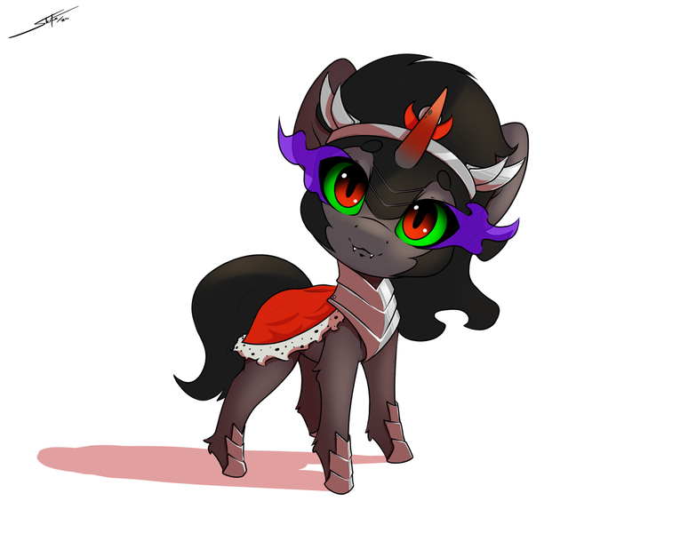 Size: 3000x2300 | Tagged: safe, artist:skitsniga, derpibooru import, part of a set, king sombra, pony, unicorn, g4, chibi, cute, cute little fangs, fangs, high res, horn, image, looking at you, male, png, signature, simple background, smiling, smiling at you, solo, sombradorable, stallion, white background